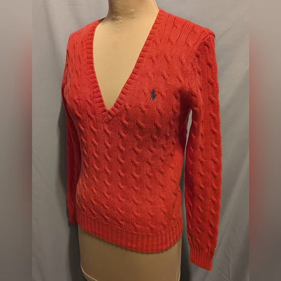 RALPH LAUREN SPORT Coral Pink Cable Knit V- Neck Sweater XL - Picture 4 of 8
